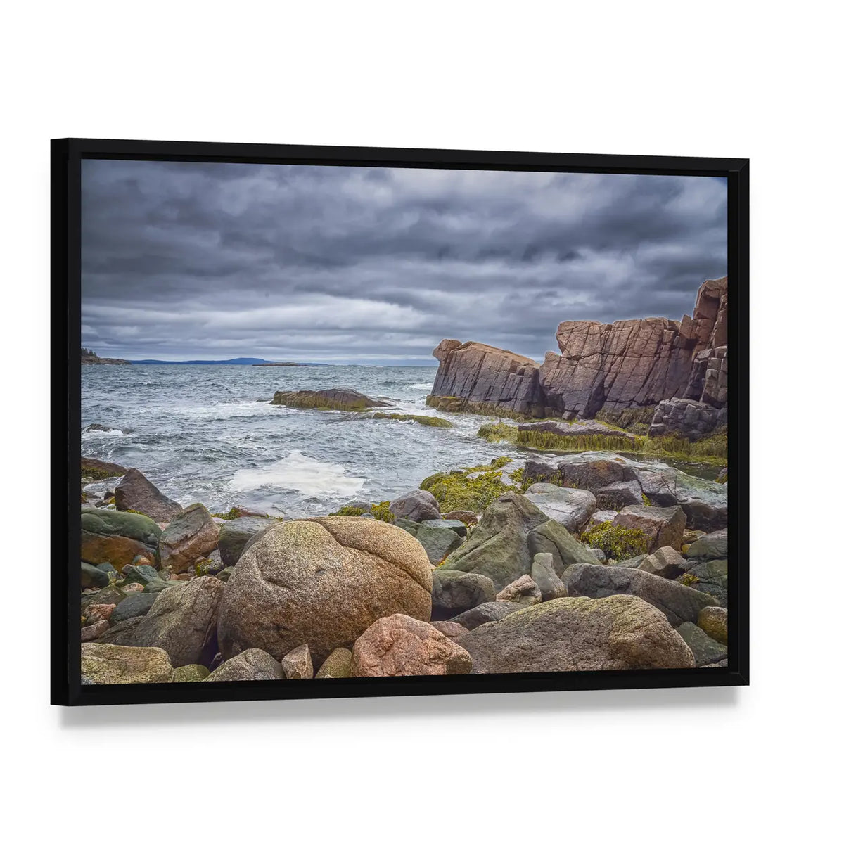 Rocky Coastline at Acadia National Park Canvas Wall Art, framed canvas in a black floater frame, angled product view