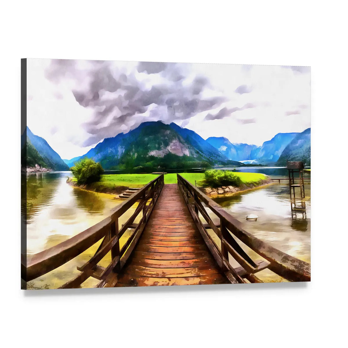 Wooden Bridge Over Alpine Lake Canvas Wall Art, single panel gallery wrapped canvas, angled product view
