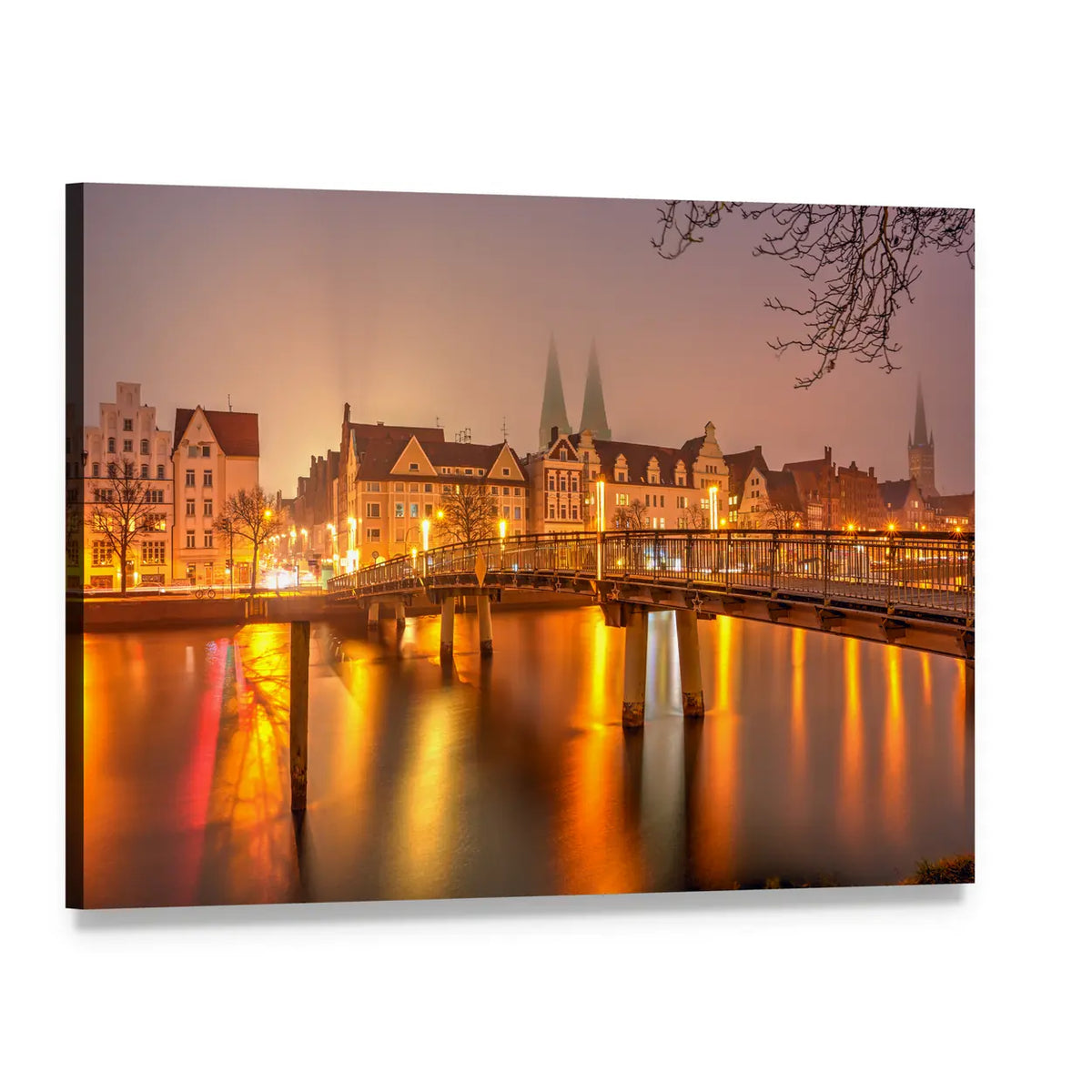 Lubeck Old Town Pier at Night Canvas Wall Art, single panel gallery wrapped canvas, angled product view