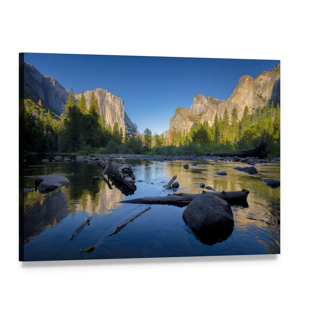 Idyllic Merced River Canvas Wall Art, single panel gallery wrapped canvas, angled product view