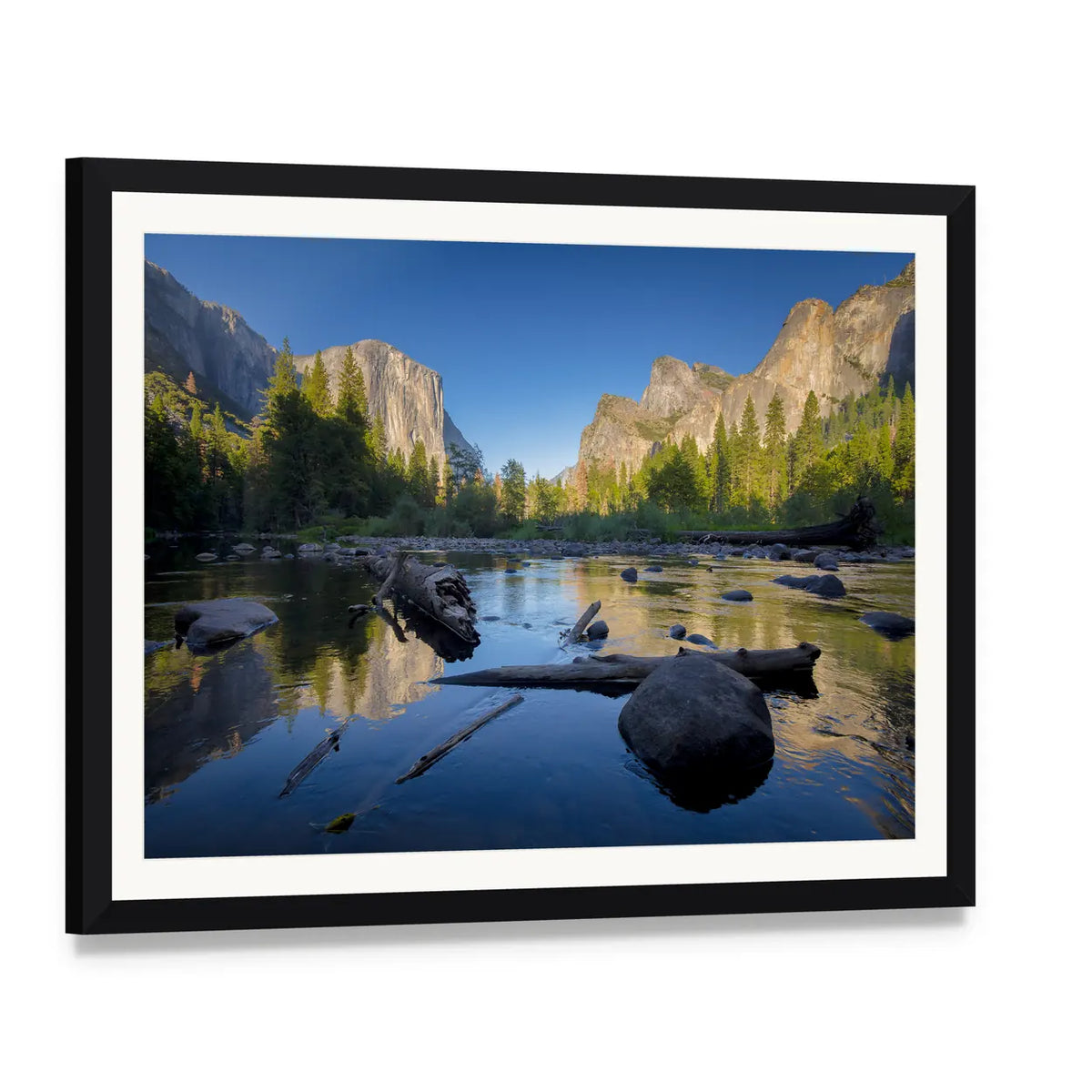 Idyllic Merced River Canvas Wall Art, framed print with white mat and black frame, angled product view