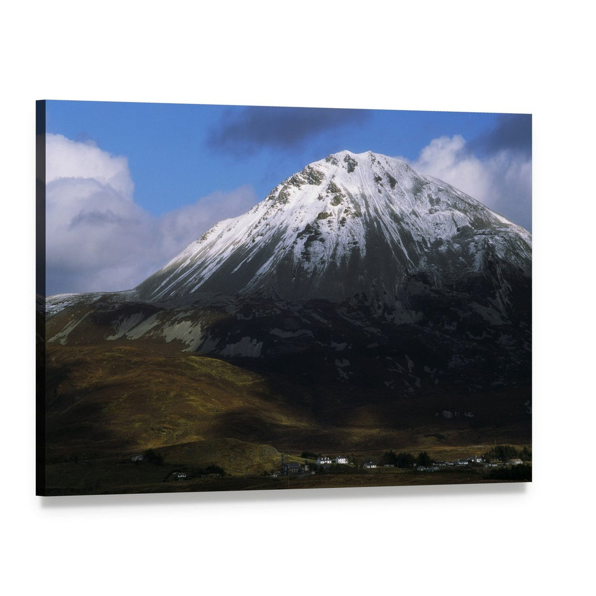 Errigal Mountain with Village and Snow Canvas Wall Art, single panel gallery wrapped canvas, angled product view