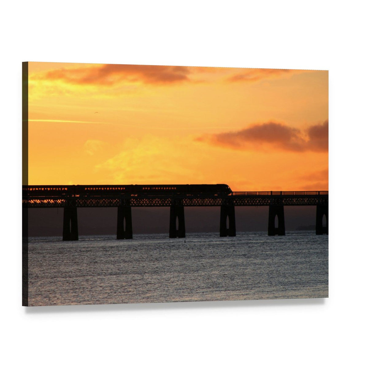 Train Crossing Tay Rail Bridge at Sunset Canvas Wall Art, single panel gallery wrapped canvas, angled product view
