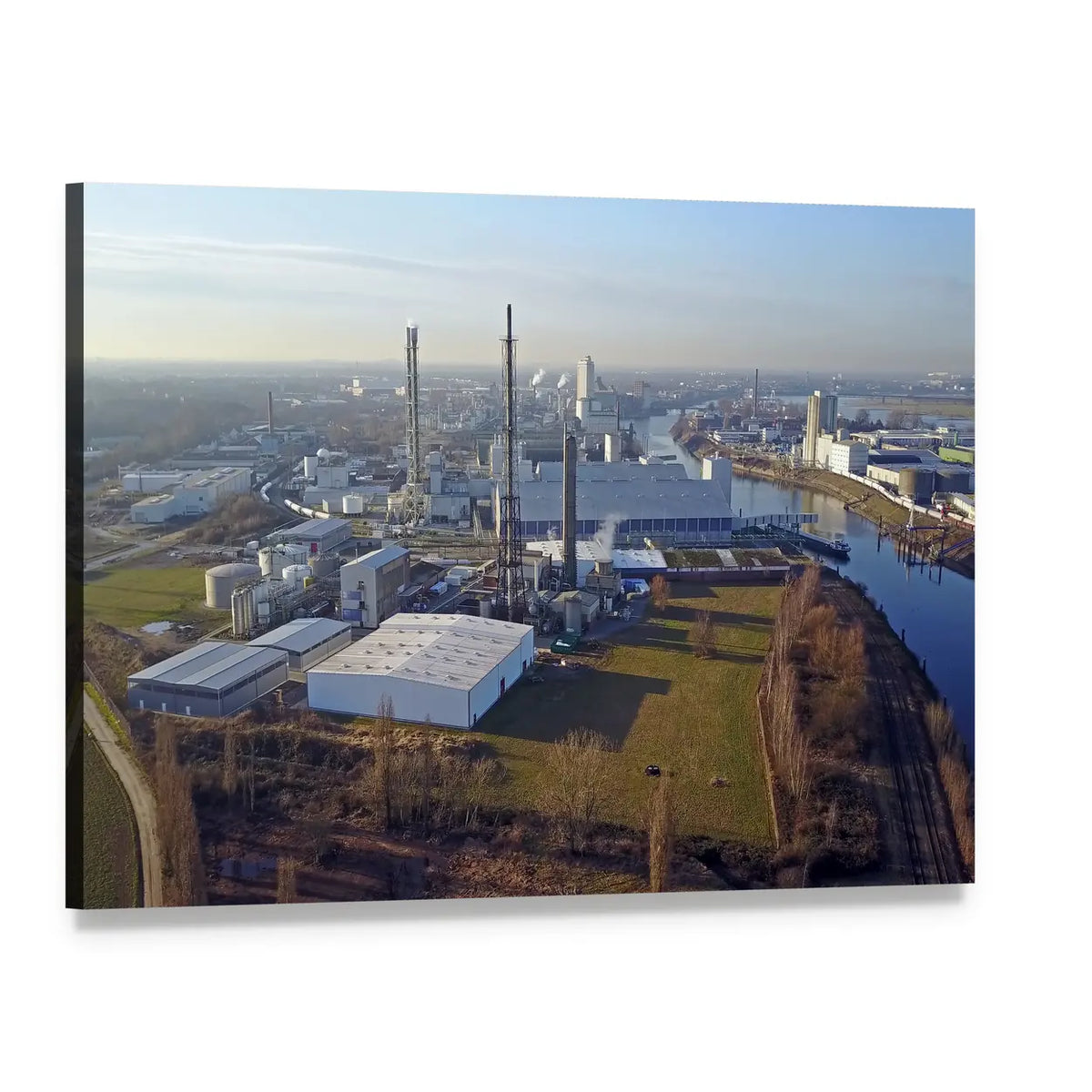 Harbour of Krefeld Industrial Canal Canvas Wall Art, single panel gallery wrapped canvas, angled product view
