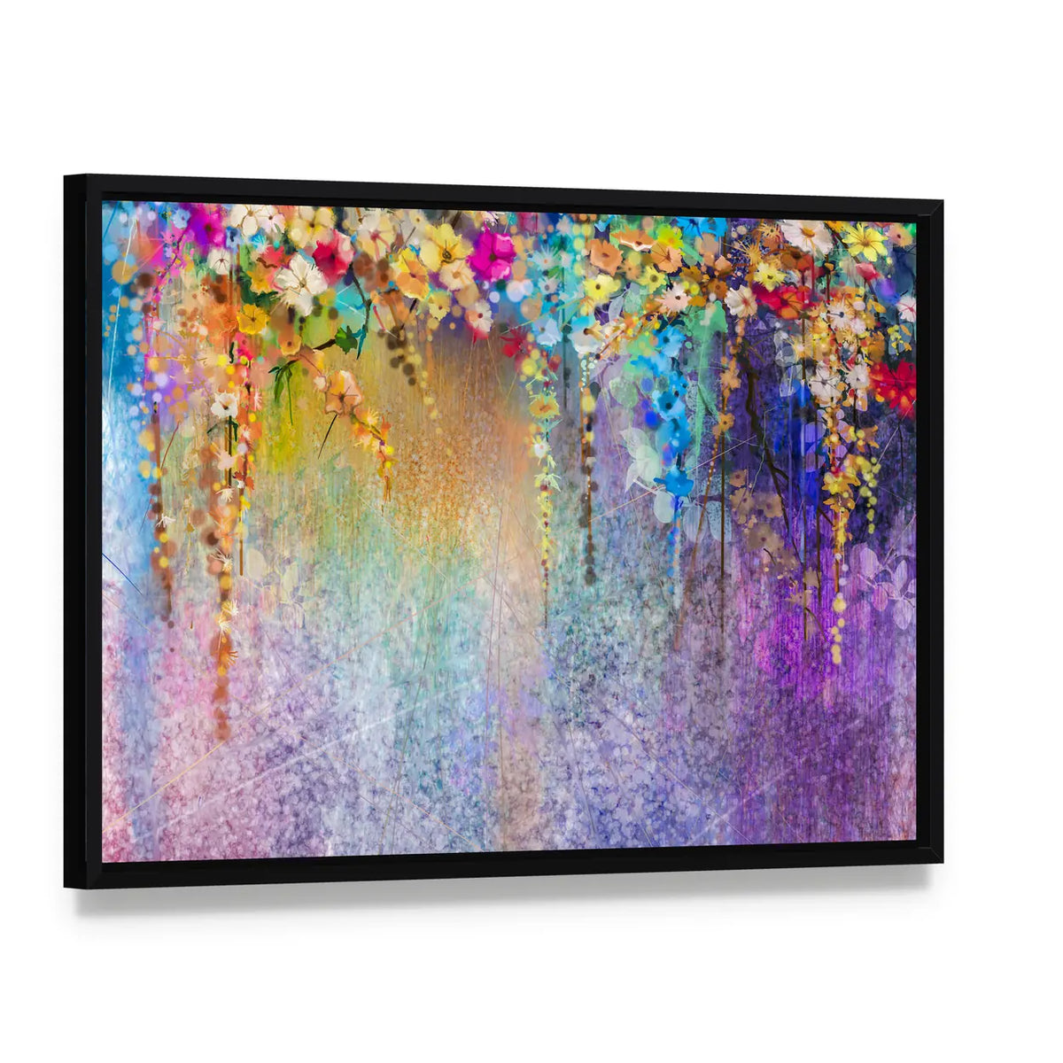 Cascading Watercolor Floral Abstract Canvas Wall Art, framed canvas in a black floater frame, angled product view