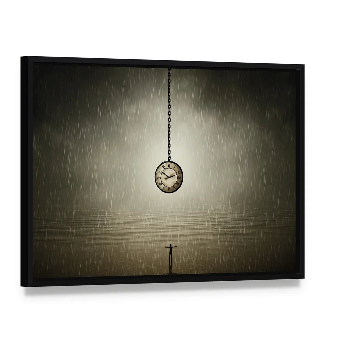Rainy Night Silhouette with Pocket Watch Canvas Wall Art, framed canvas in a black floater frame, angled product view