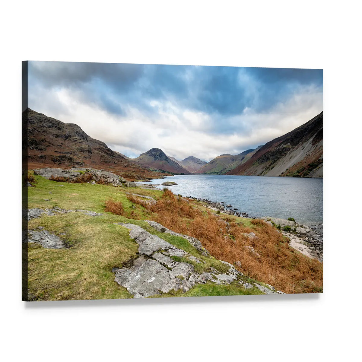 Wastwater Lake with Mountain Peaks Canvas Wall Art, single panel gallery wrapped canvas, angled product view