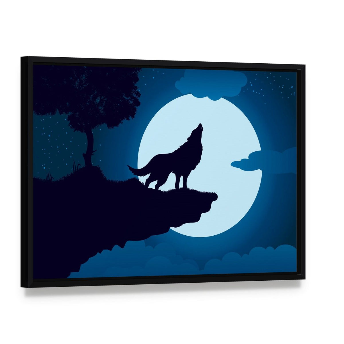 Howling Wolf Canvas Wall Art, framed canvas in a black floater frame, angled product view