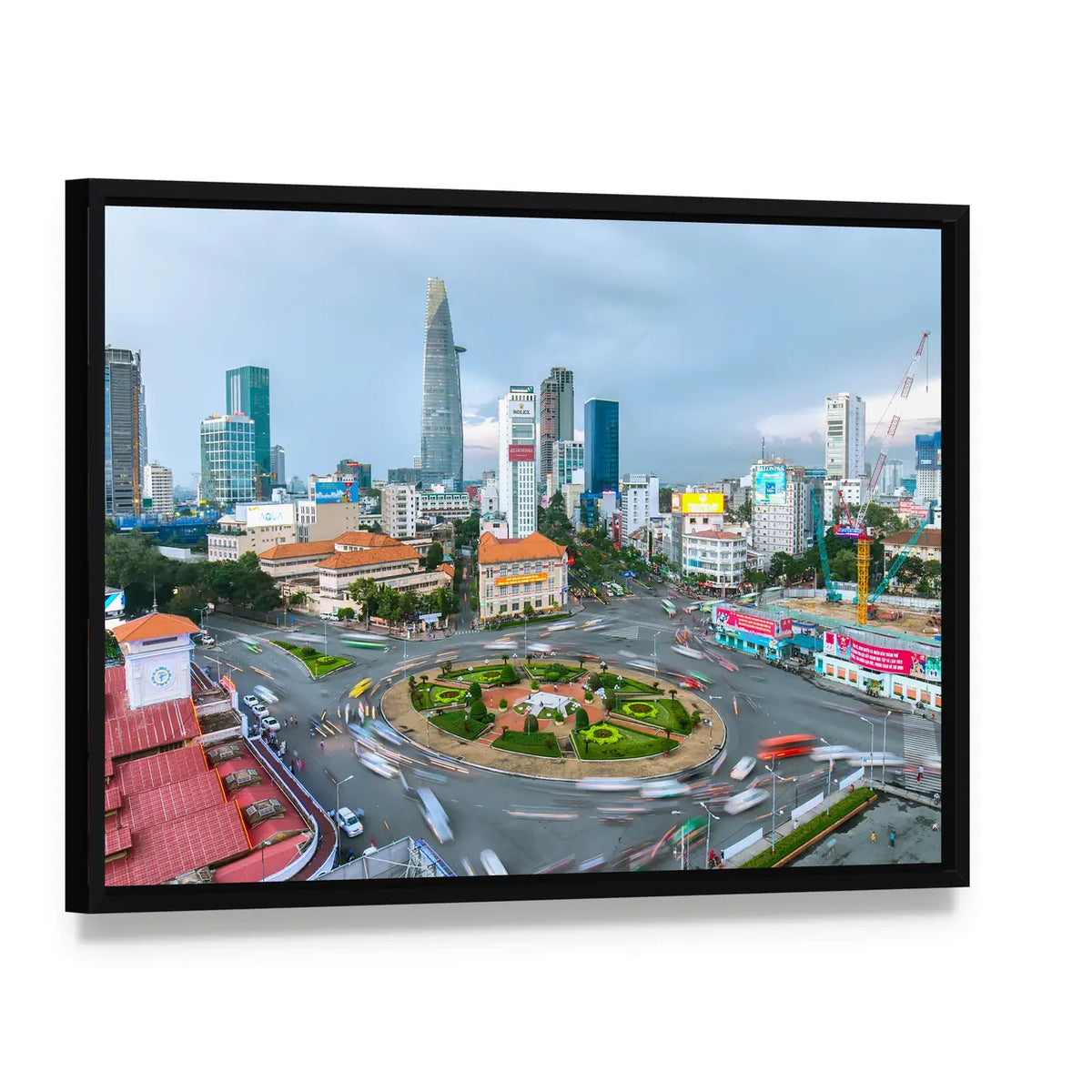 Ho Chi Minh City Aerial Street Scene Canvas Wall Art, framed canvas in a black floater frame, angled product view