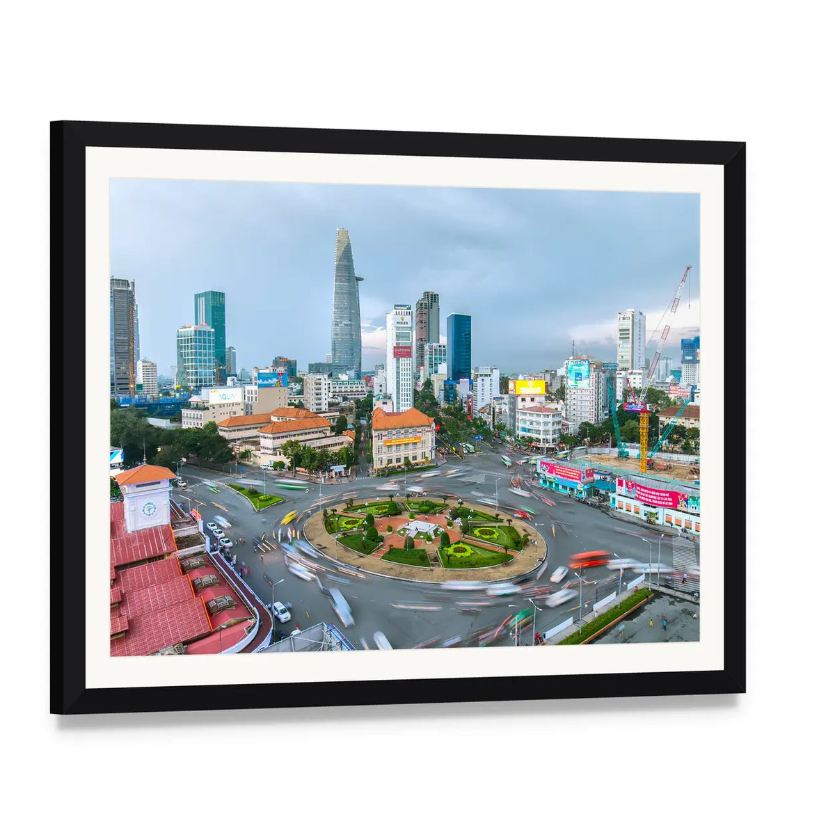 Ho Chi Minh City Aerial Street Scene Canvas Wall Art, framed print with white mat and black frame, angled product view
