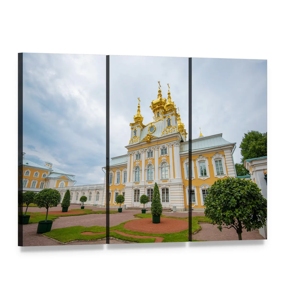 Peterhof Palace with Golden Cupolas Canvas Wall Art, 3 panel 3 Horizontal layout gallery wrapped canvas set, angled product view