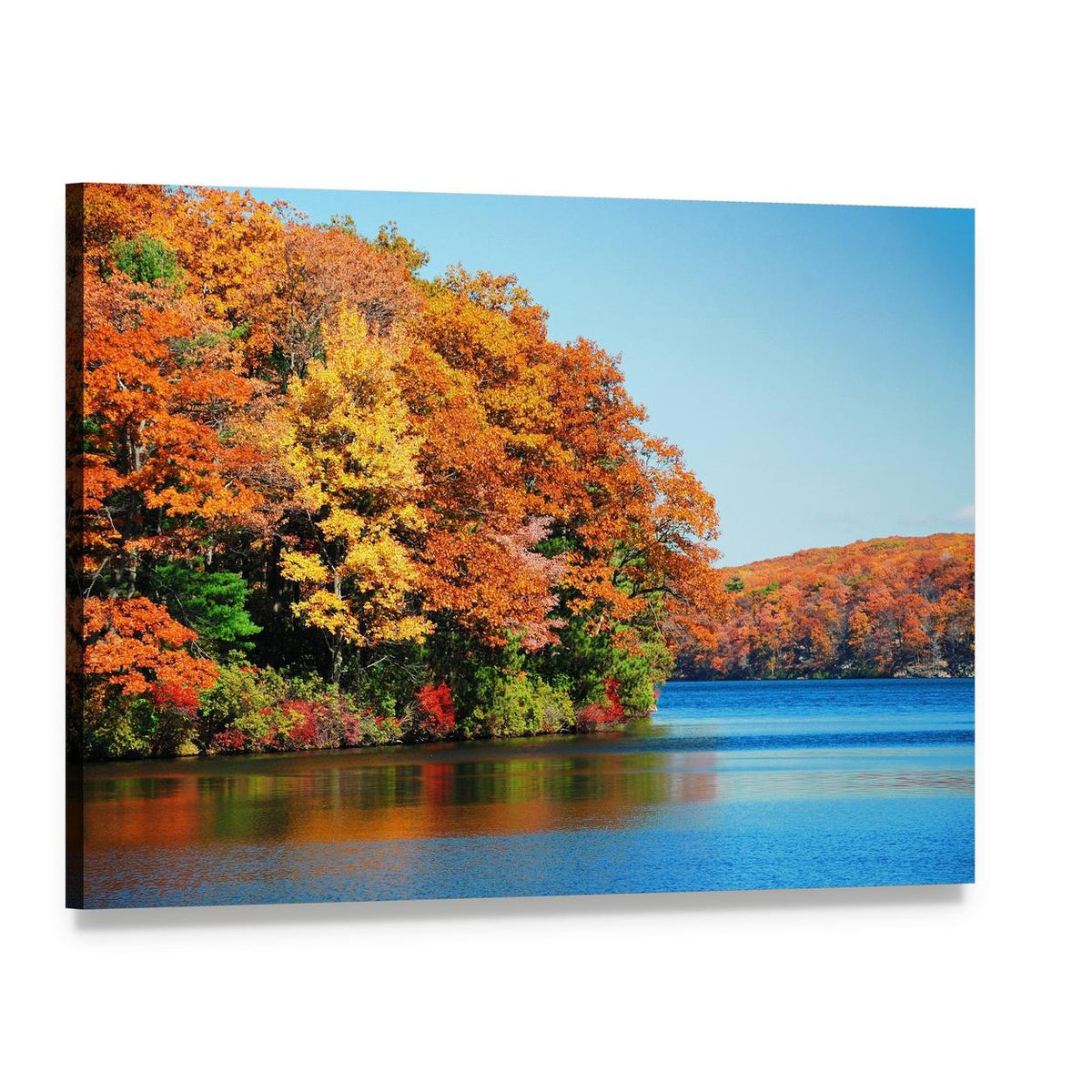 Autumn Colorful Foliage with Lake Canvas Wall Art, single panel gallery wrapped canvas, angled product view