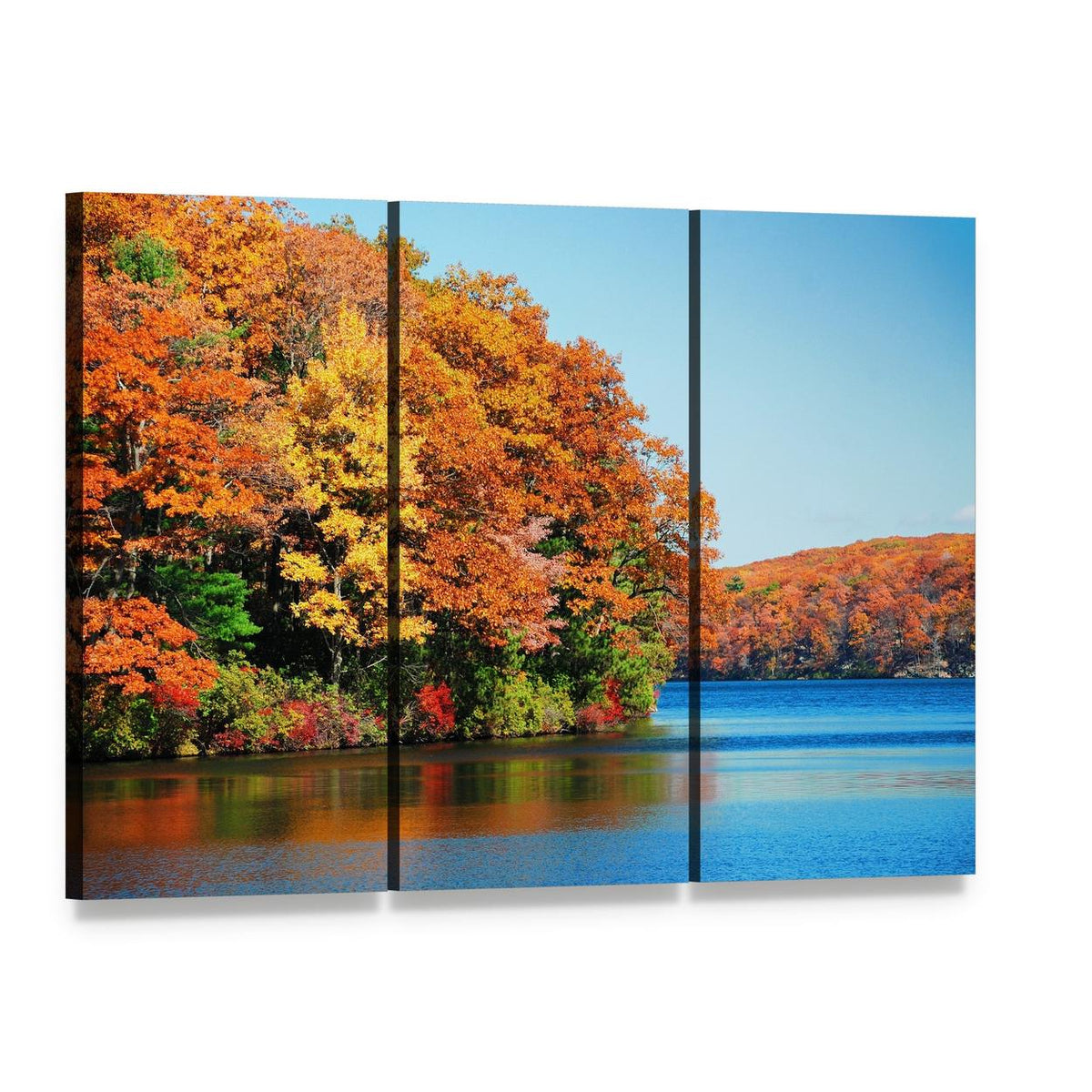Autumn Colorful Foliage with Lake Canvas Wall Art, 3 panel 3 Horizontal layout gallery wrapped canvas set, angled product view