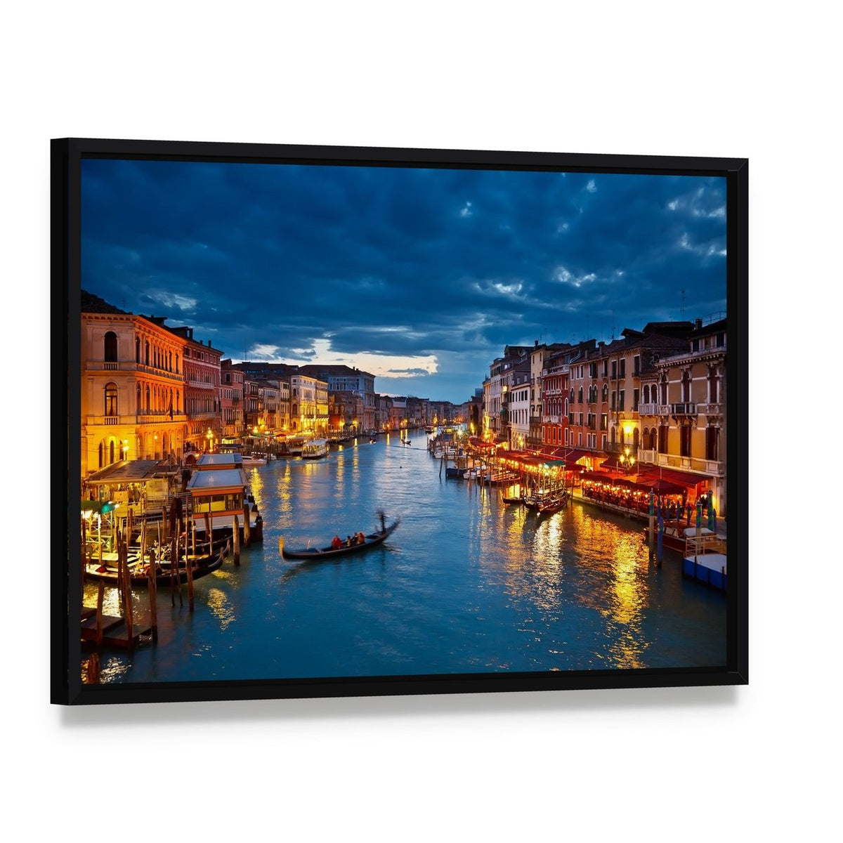 Venice Canal at Twilight Canvas Wall Art, framed canvas in a black floater frame, angled product view