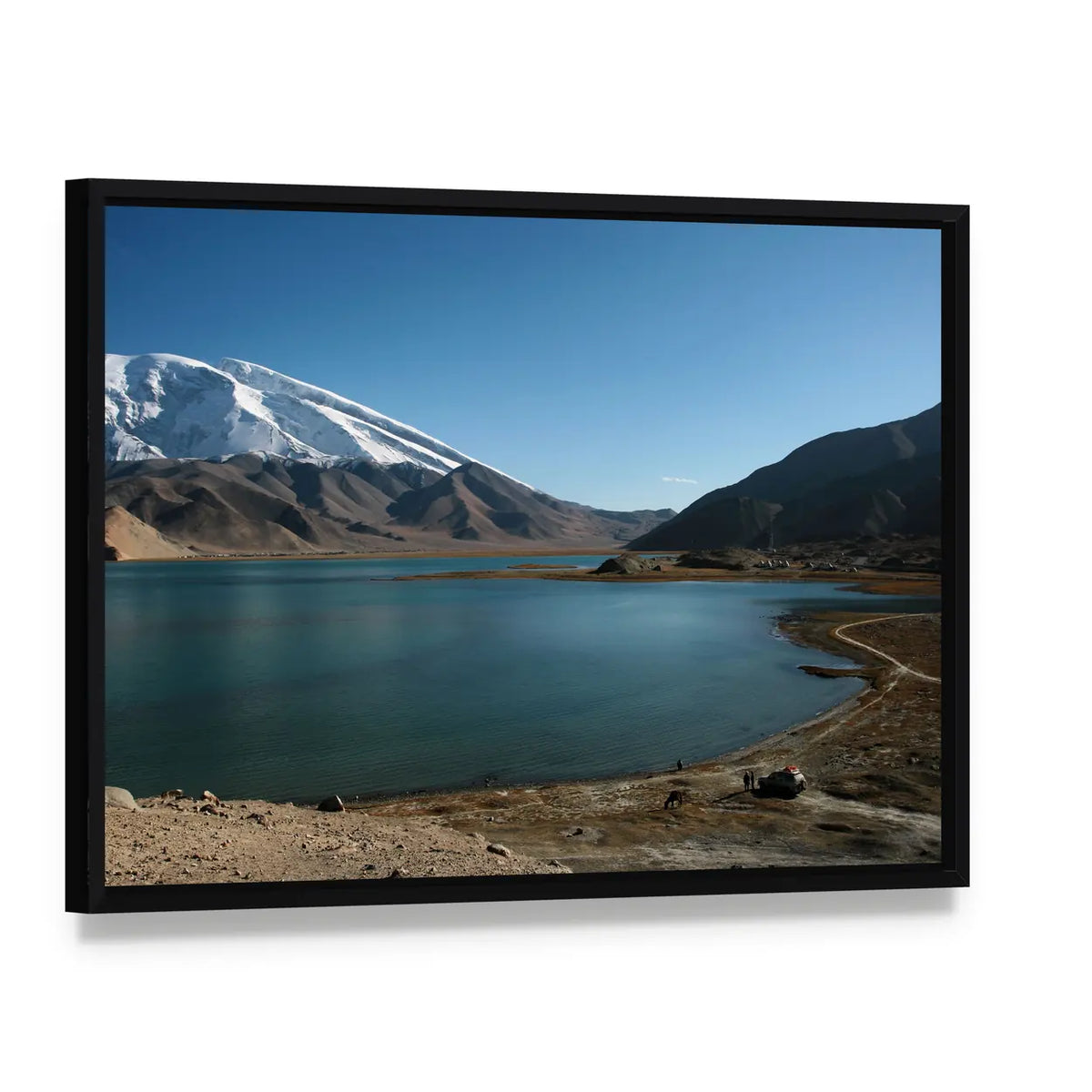 Mountain Muztahgata And Kara Kul Lake In Xinjiang China Canvas Wall Art, framed canvas in a black floater frame, angled product view