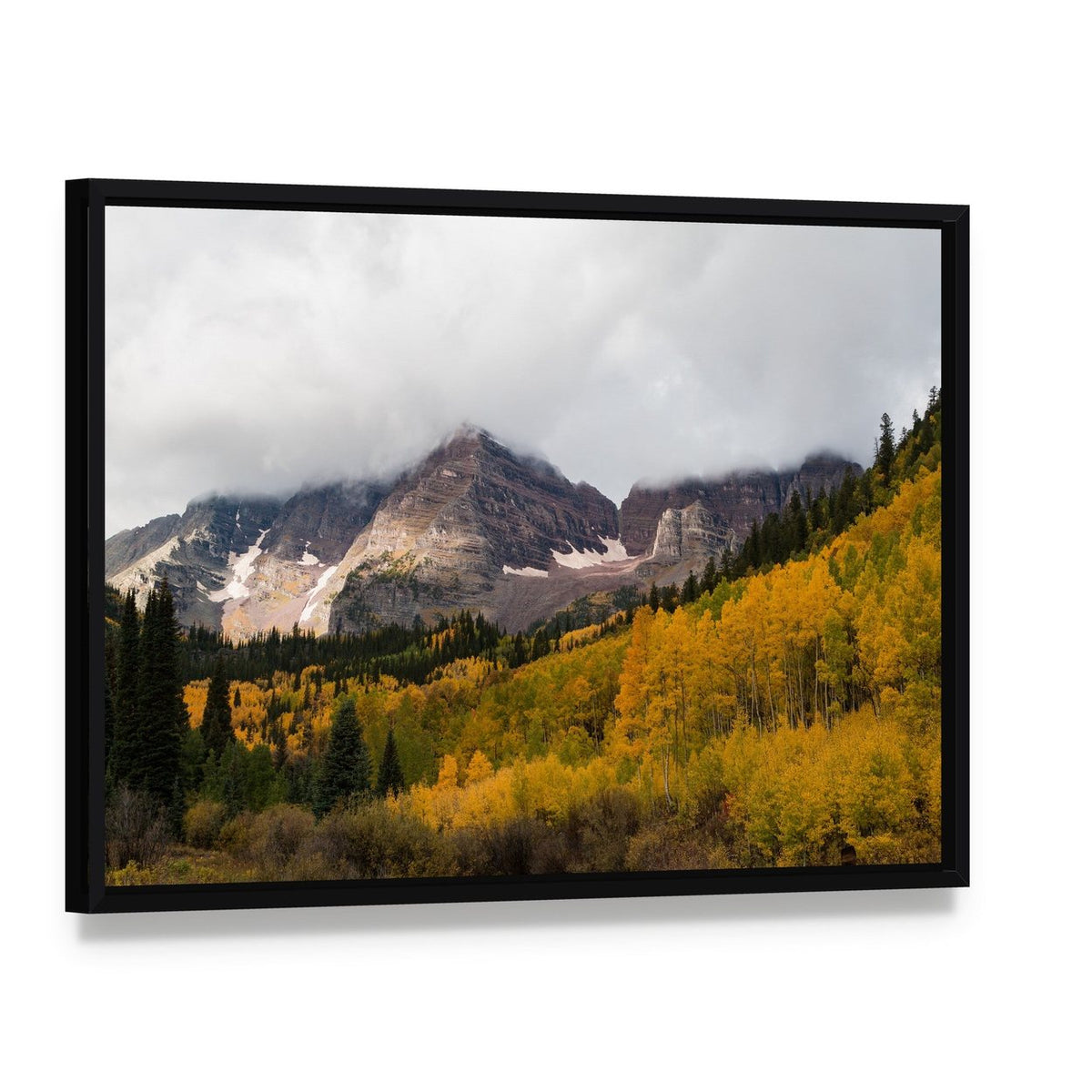 Fall at Maroon Bells Canvas Wall Art, framed canvas in a black floater frame, angled product view