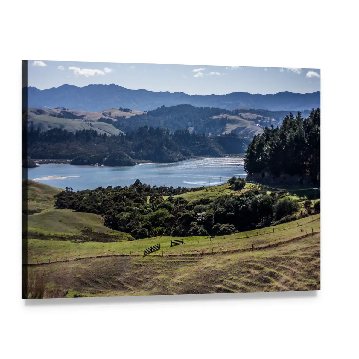 North Island Lake Landscape Canvas Wall Art, single panel gallery wrapped canvas, angled product view
