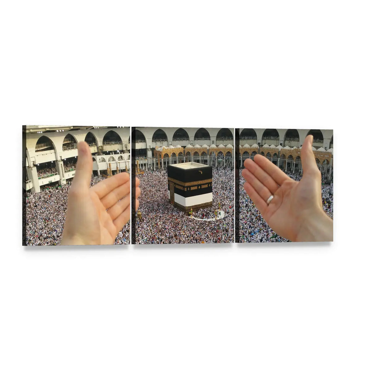 Man Praying at the Kaaba Panoramic Canvas Wall Art, 3 panel 3 Piece layout gallery wrapped canvas set, angled product view