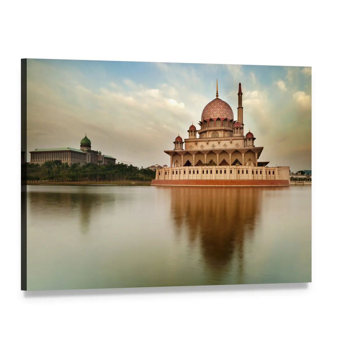 Putra Mosque with Pink Dome and Reflection Canvas Wall Art, single panel gallery wrapped canvas, angled product view