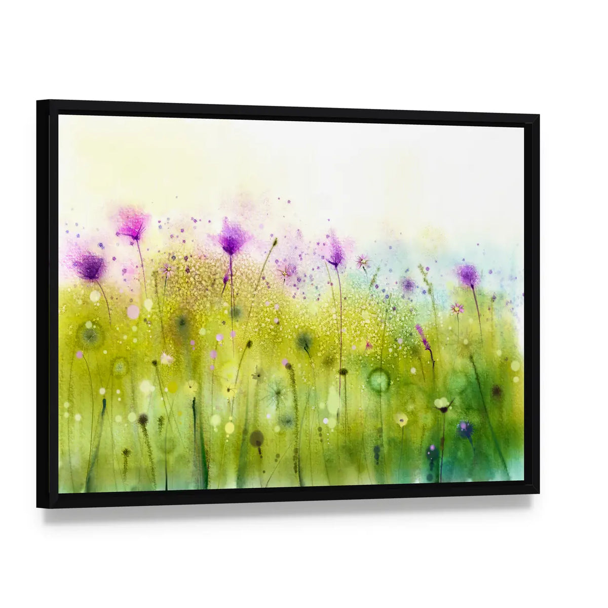 Abstract Cosmos Wildflowers Canvas Wall Art, framed canvas in a black floater frame, angled product view