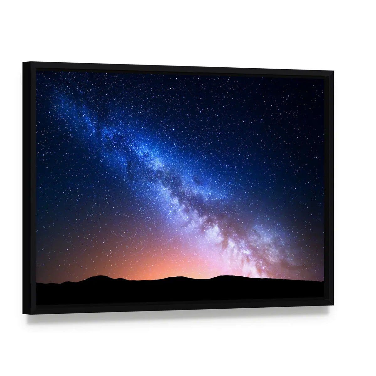 Starry Sky With Hills At Summer Canvas Wall Art, framed canvas in a black floater frame, angled product view