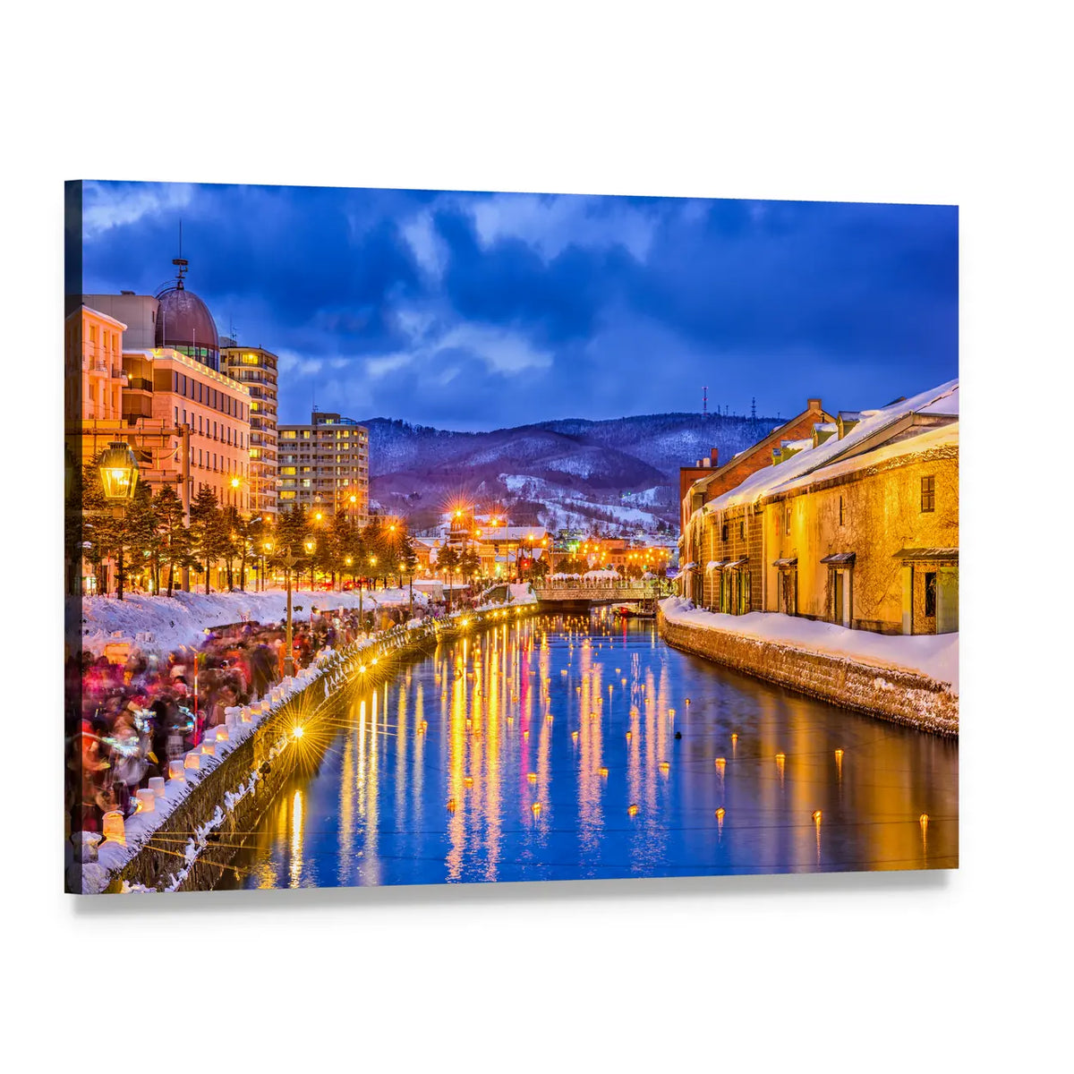 Historic Snow-covered Canal at Twilight Japan Canvas Wall Art, single panel gallery wrapped canvas, angled product view