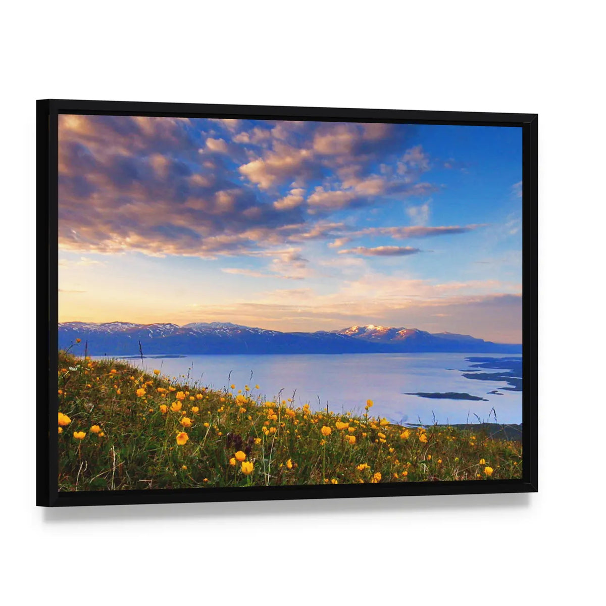Mountain Lake In Abisko National Park In Sweden Canvas Wall Art, framed canvas in a black floater frame, angled product view