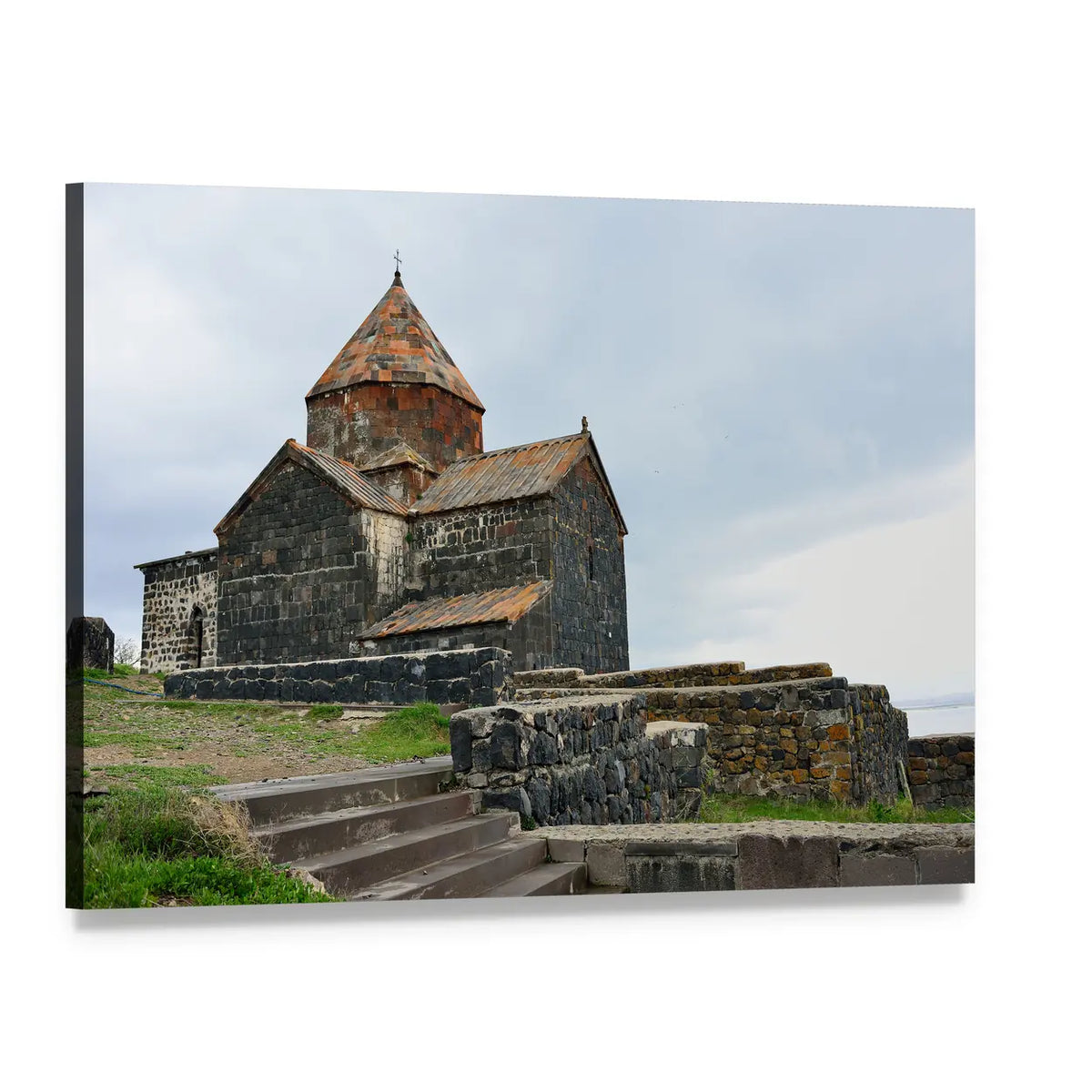 Sevanavank Monastery Stone Church Canvas Wall Art, single panel gallery wrapped canvas, angled product view