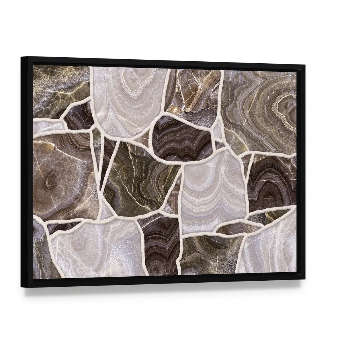 3d Stone Mosaic Canvas Wall Art, framed canvas in a black floater frame, angled product view