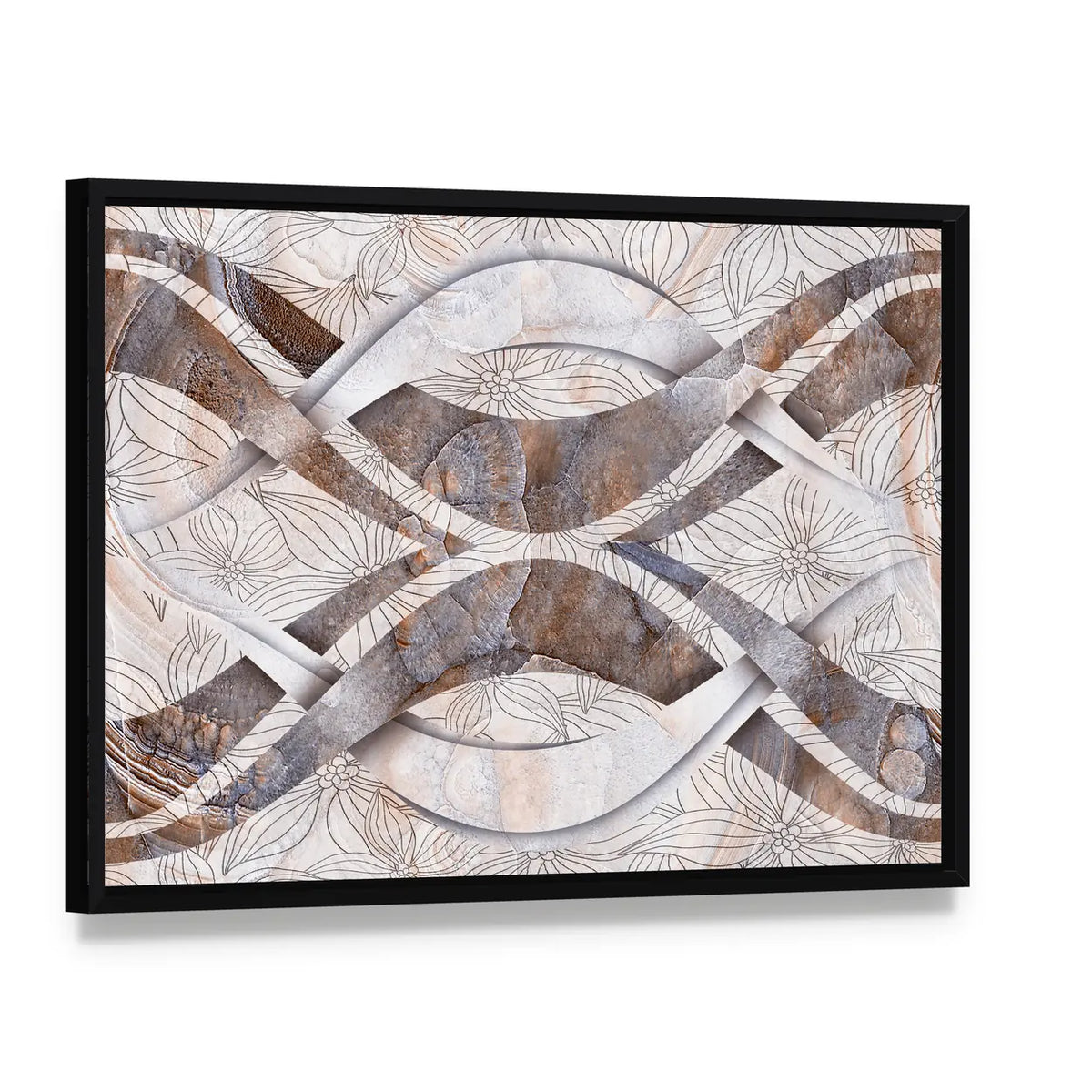 Seamless Stone Bands Abstract Canvas Wall Art, framed canvas in a black floater frame, angled product view