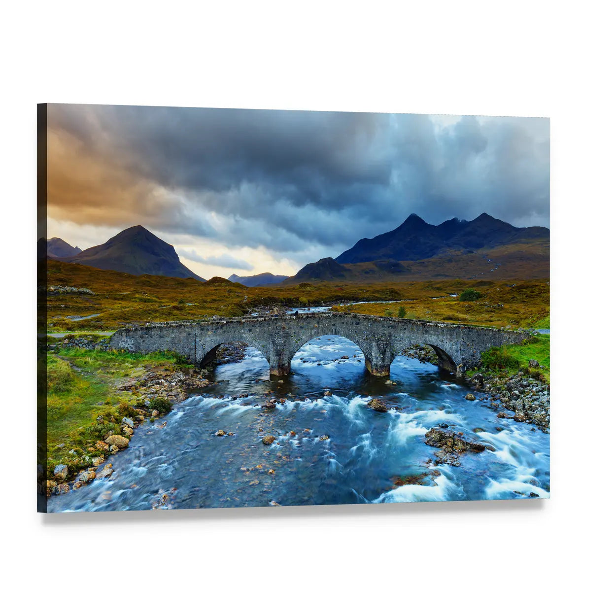 Arched Stone Bridge Beneath Stormy Mountain Sky Canvas Wall Art, single panel gallery wrapped canvas, angled product view