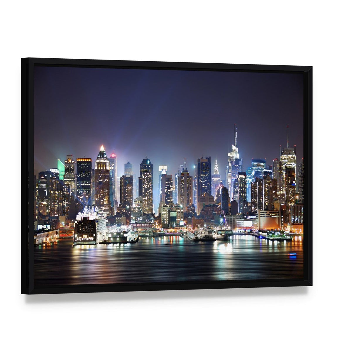New York at Night Canvas Wall Art, framed canvas in a black floater frame, angled product view