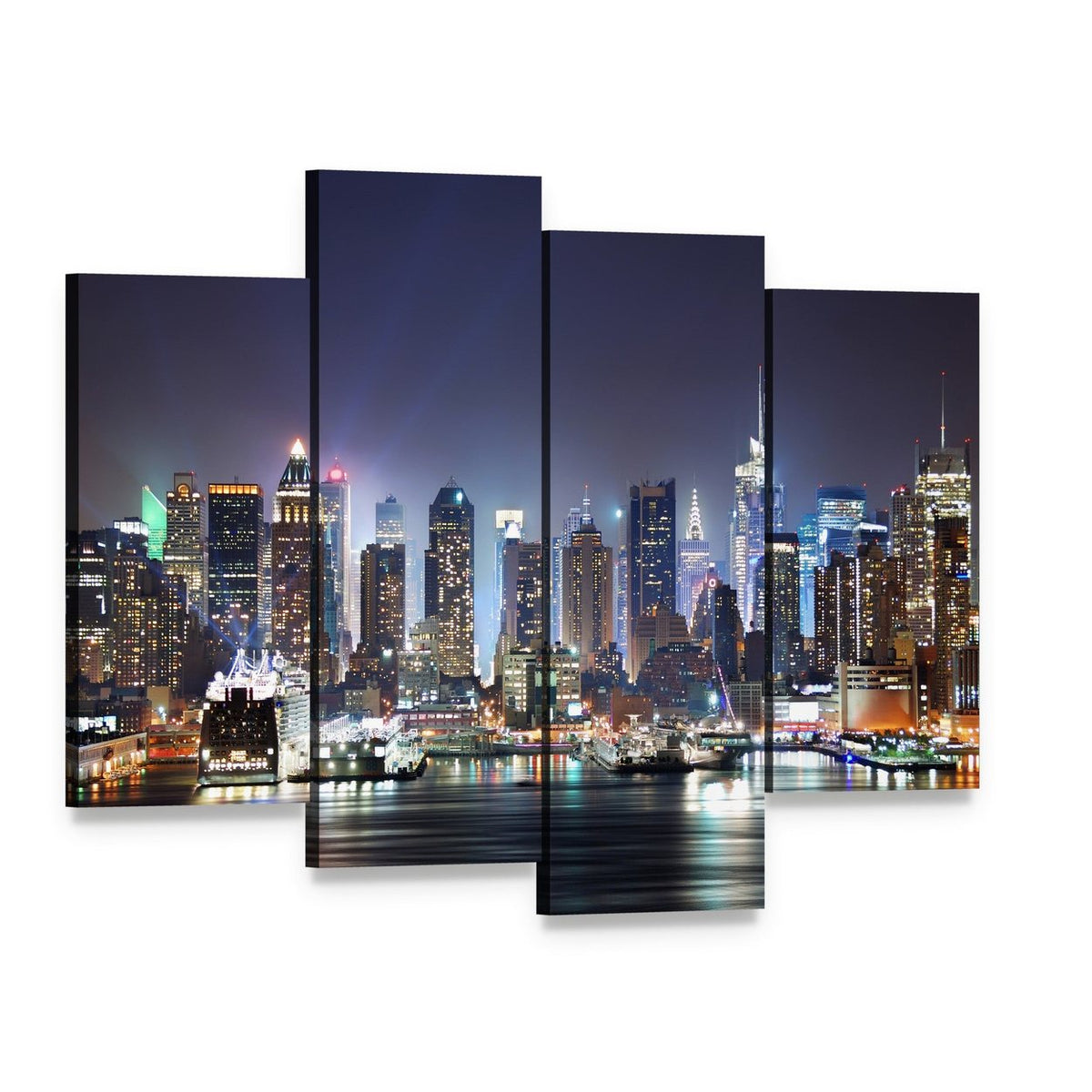 New York at Night Canvas Wall Art, 4 panel 4 Pop layout gallery wrapped canvas set, angled product view