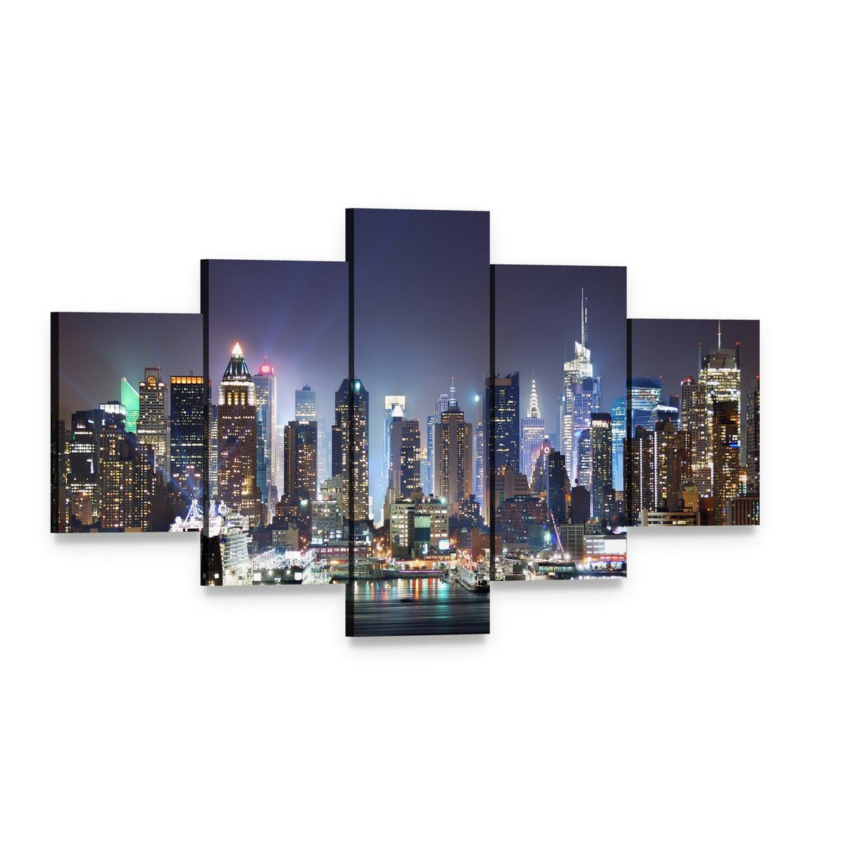 New York at Night Canvas Wall Art, 5 panel 5 Star layout gallery wrapped canvas set, angled product view