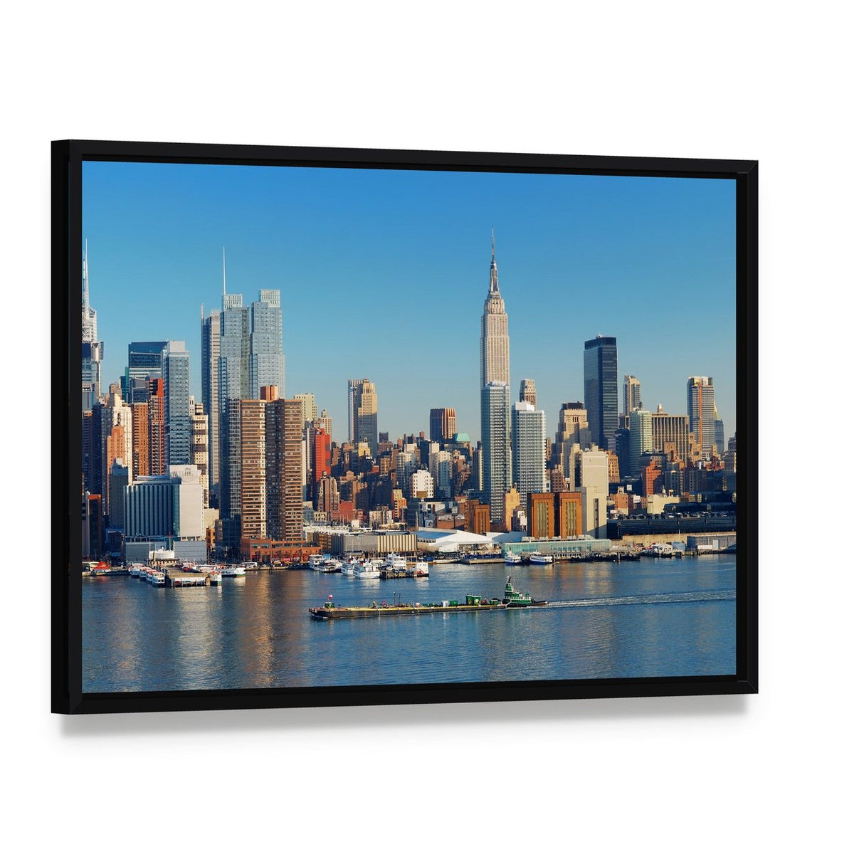 Empire State Building and Hudson River Canvas Wall Art, framed canvas in a black floater frame, angled product view