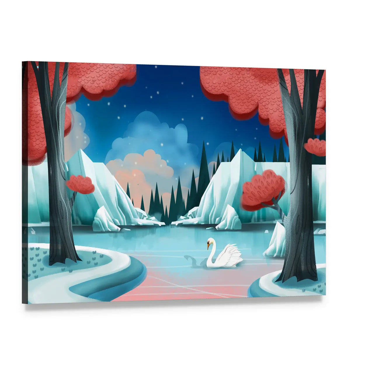 Fantasy Swan Lake Canvas Wall Art, single panel gallery wrapped canvas, angled product view