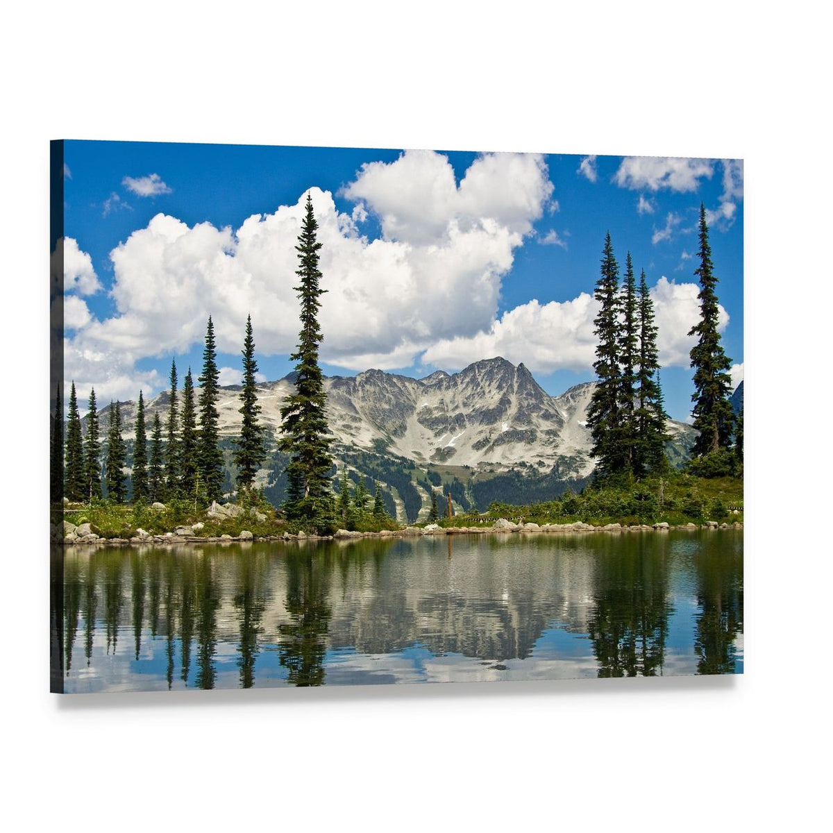 Blackcomb Mountain Reflected in Harmony Lake Canvas Wall Art, single panel gallery wrapped canvas, angled product view
