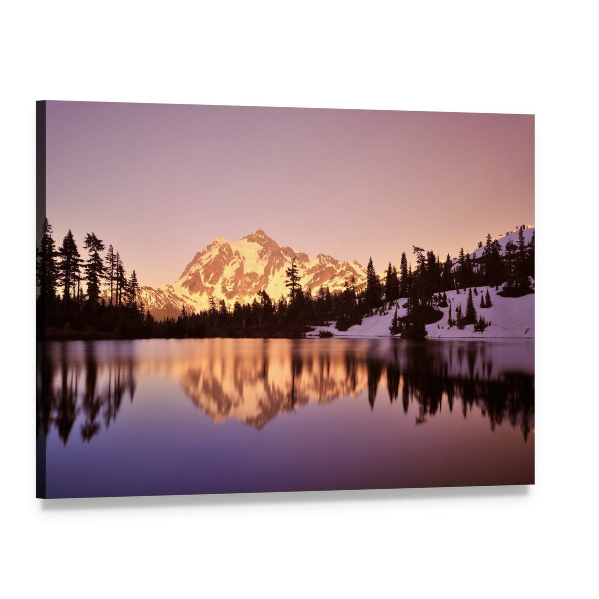 Mount Shuksan Lake Reflection Canvas Wall Art, single panel gallery wrapped canvas, angled product view