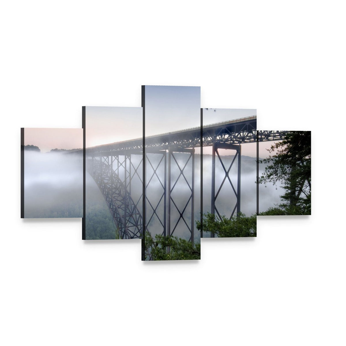 New River Gorge Bridge Canvas Wall Art, 5 panel 5 Star layout gallery wrapped canvas set, angled product view