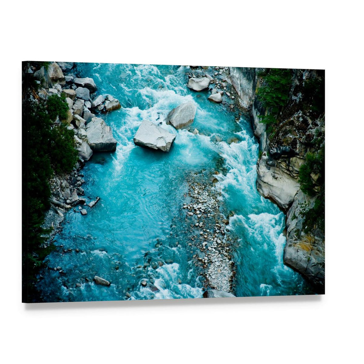 Turquoise River in Mountain Valley Canvas Wall Art, single panel gallery wrapped canvas, angled product view