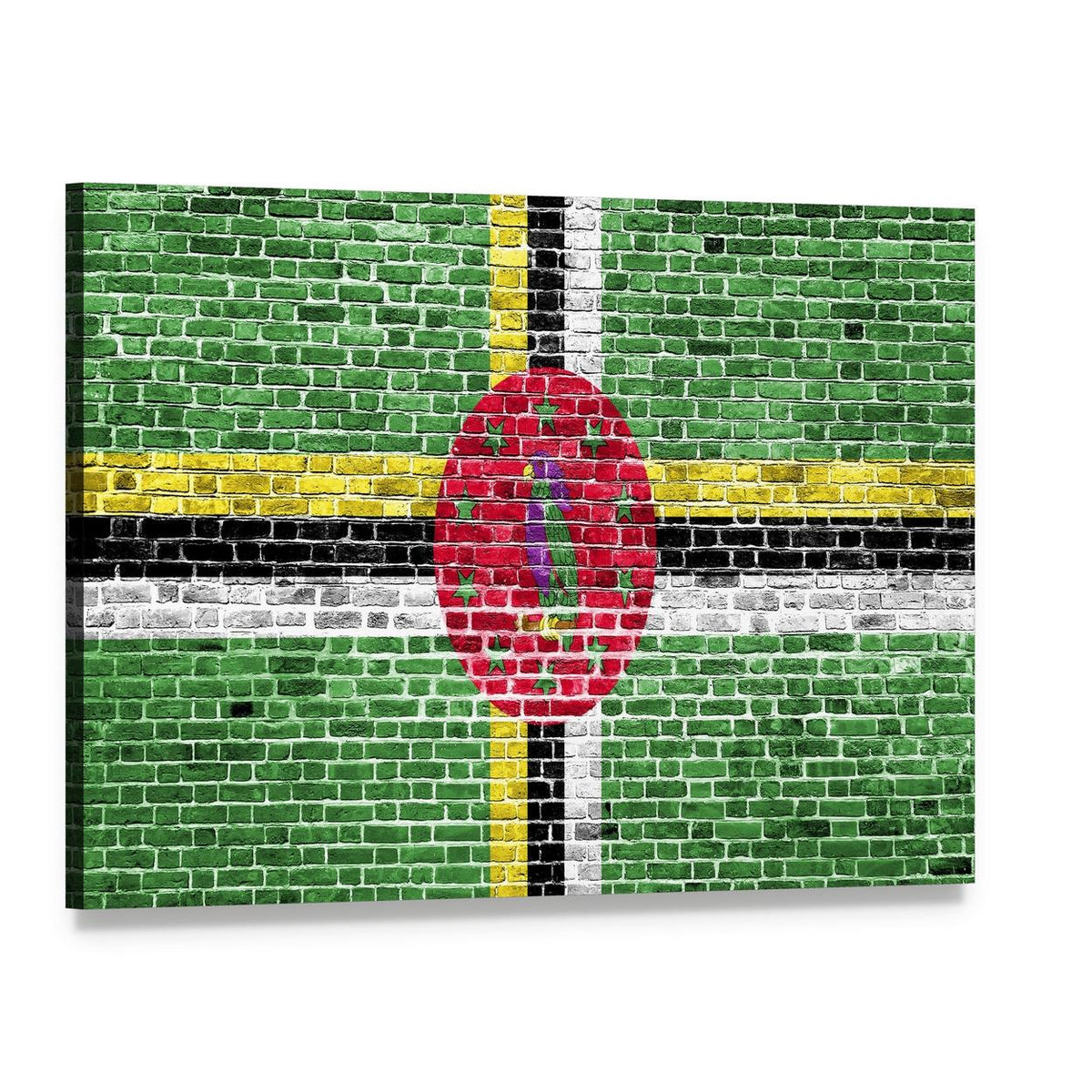 Dominica Flag on Brick Canvas Wall Art, single panel gallery wrapped canvas, angled product view