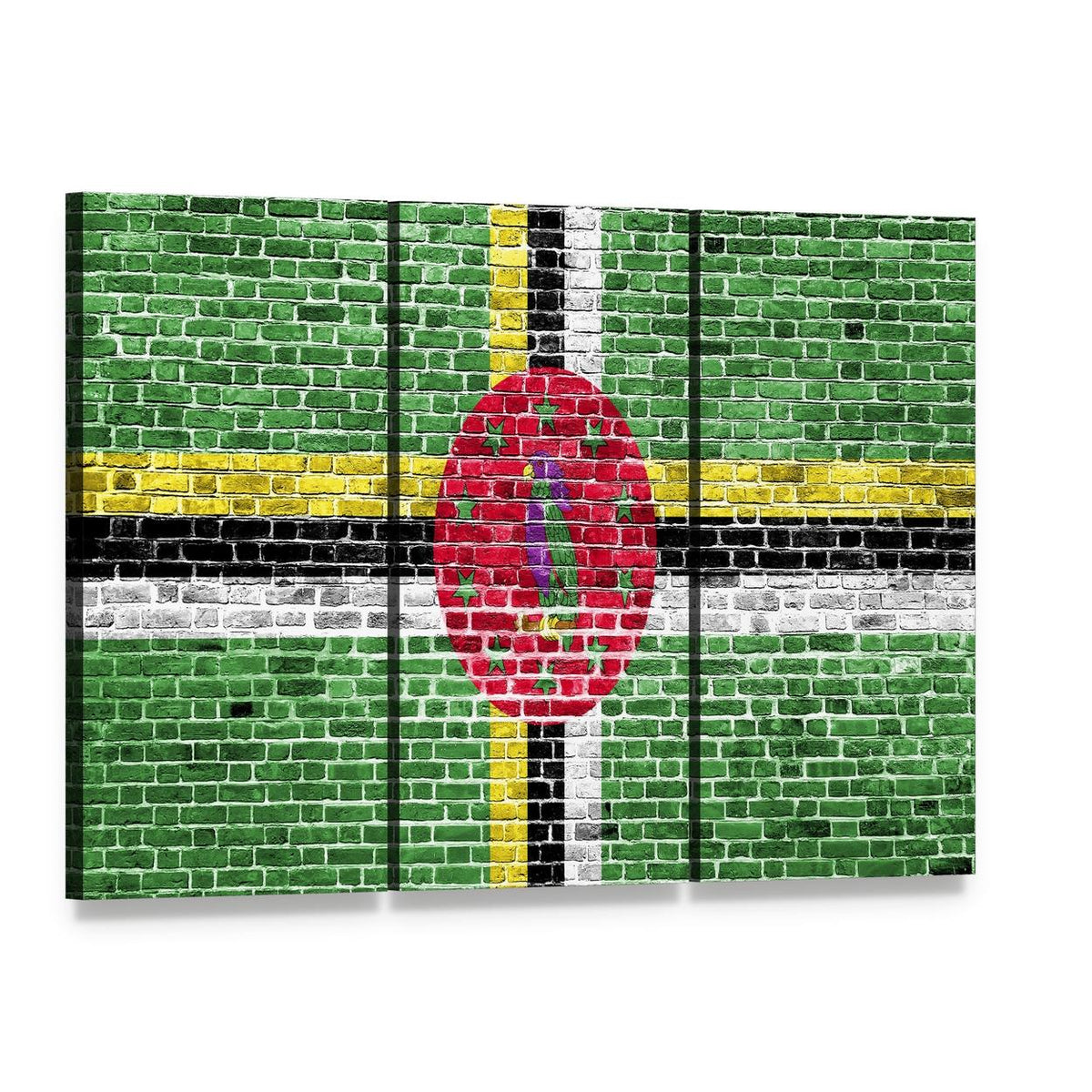 Dominica Flag on Brick Canvas Wall Art, 3 panel 3 Horizontal layout gallery wrapped canvas set, angled product view