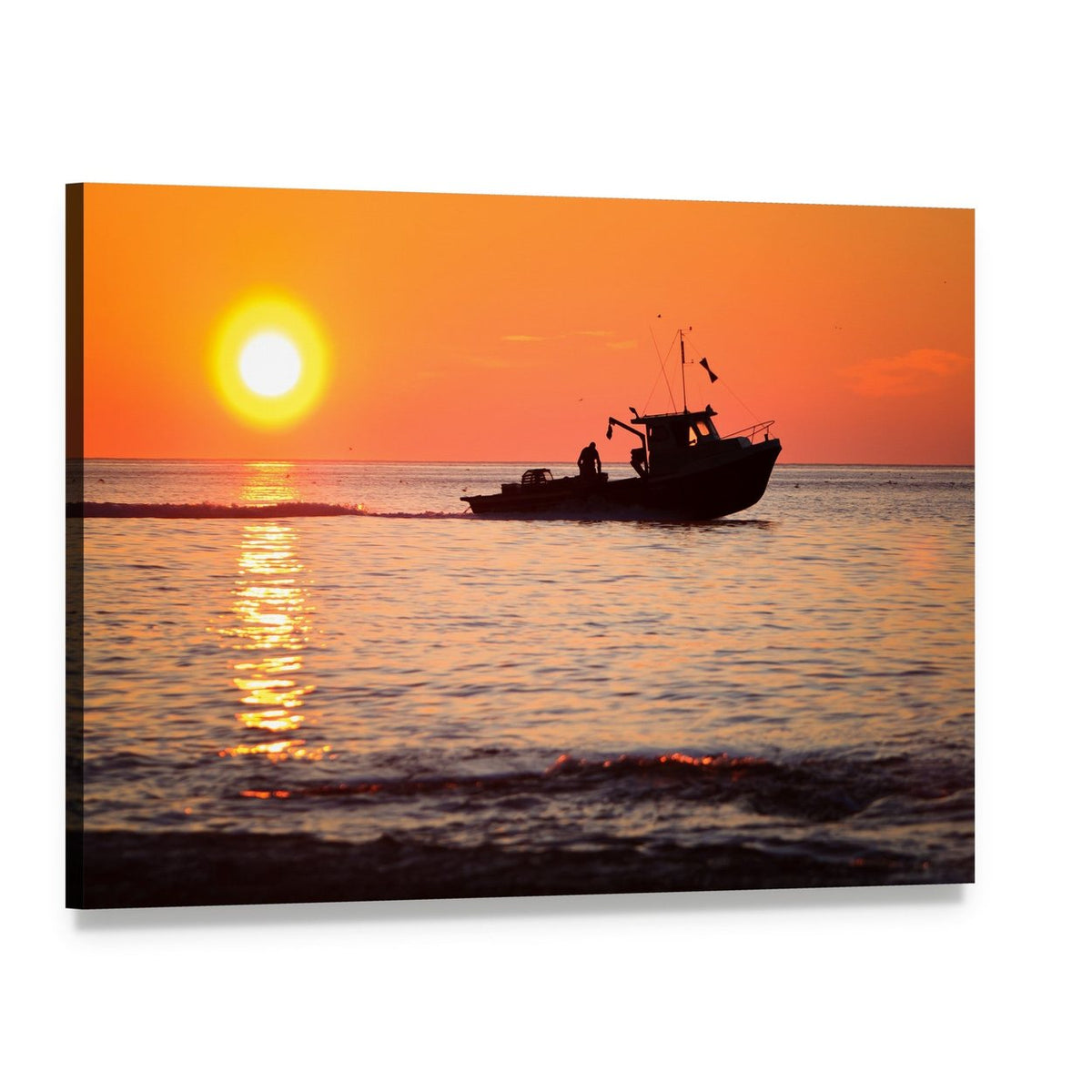 Lobster Fishing Boat at Sunset Canvas Wall Art, single panel gallery wrapped canvas, angled product view