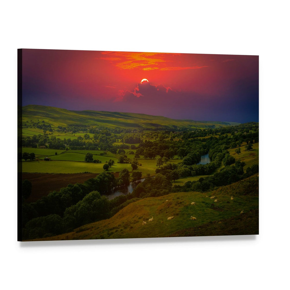 Sunset Over River Valley and Hills Canvas Wall Art, single panel gallery wrapped canvas, angled product view