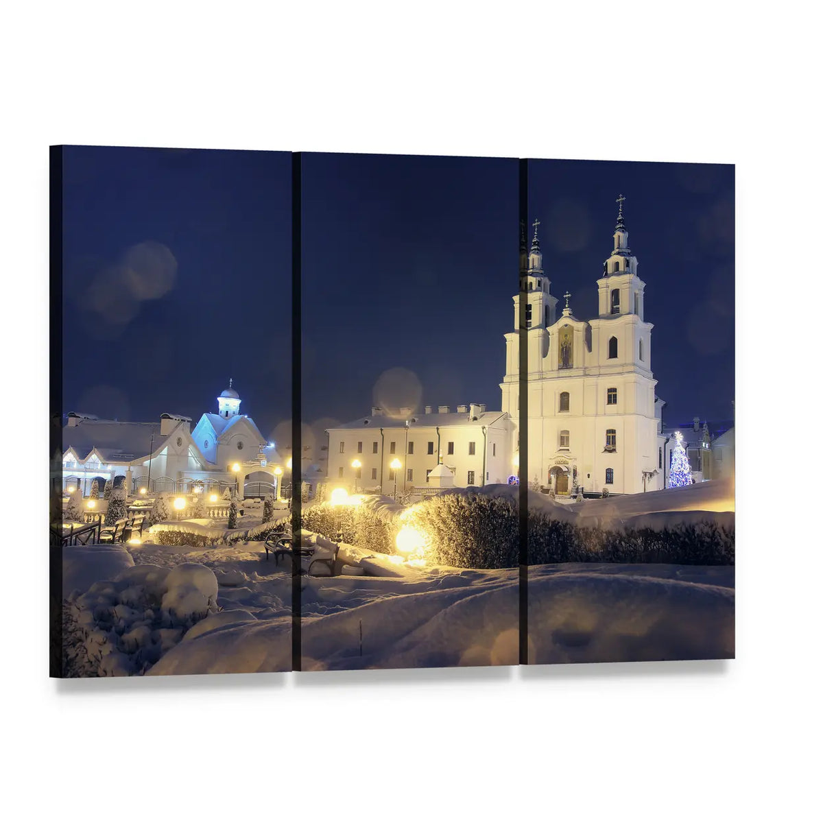 Church on Christmas Night Canvas Wall Art, 3 panel 3 Horizontal layout gallery wrapped canvas set, angled product view