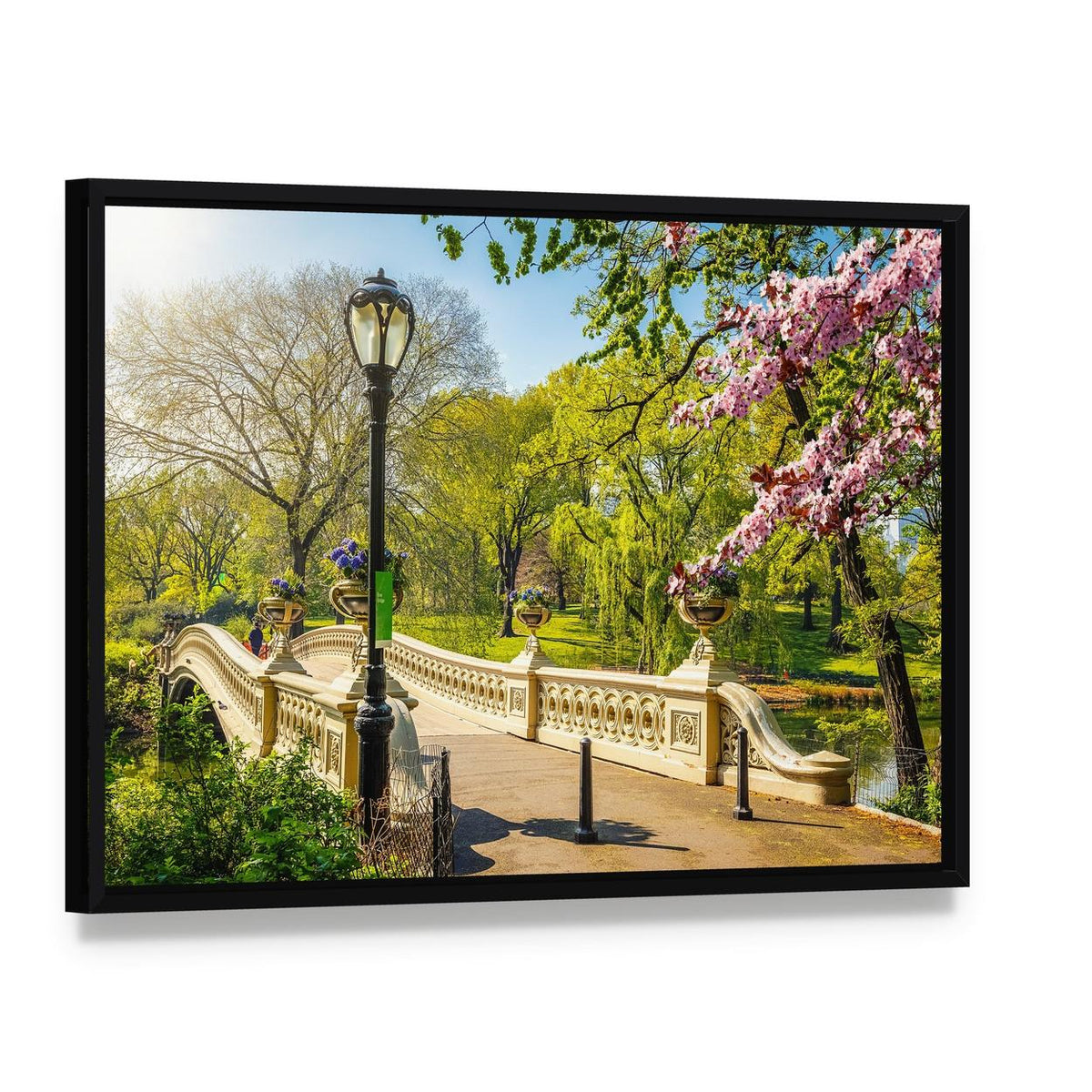 Bow Bridge in Central Park Canvas Wall Art, framed canvas in a black floater frame, angled product view