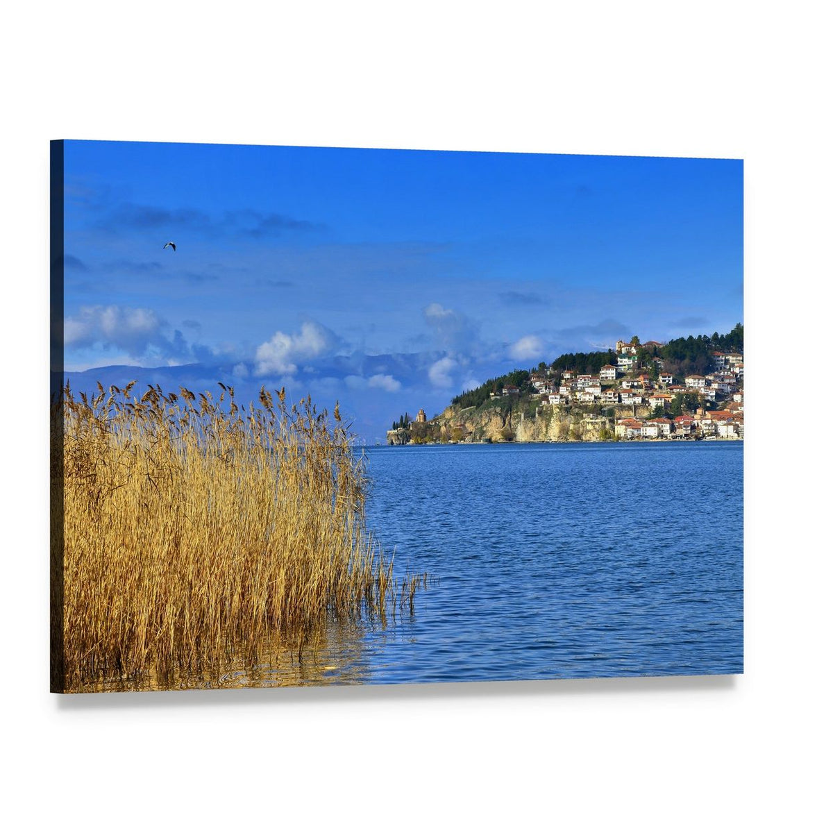 Lake Ohrid Reeds and Mountain Town Canvas Wall Art, single panel gallery wrapped canvas, angled product view