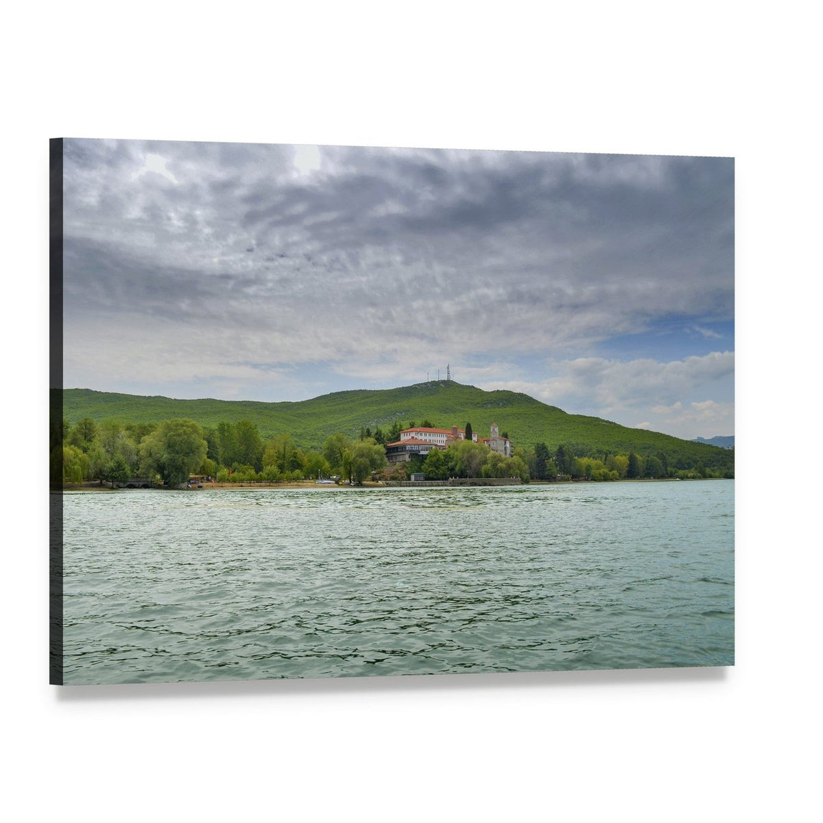 Saint Naum in Ohrid Hilltop Building Over Lake Canvas Wall Art, single panel gallery wrapped canvas, angled product view
