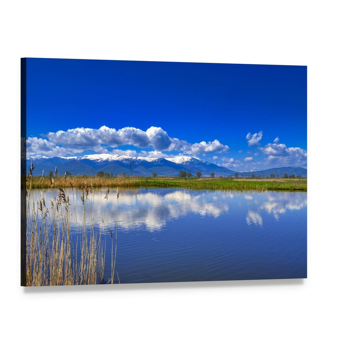 Snow-capped Mountain Lake with Reflections Canvas Wall Art, single panel gallery wrapped canvas, angled product view