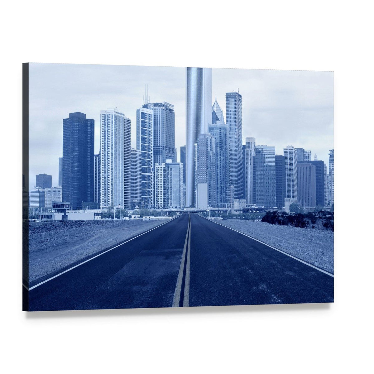 Road Approaching City Skyscrapers Canvas Wall Art, single panel gallery wrapped canvas, angled product view
